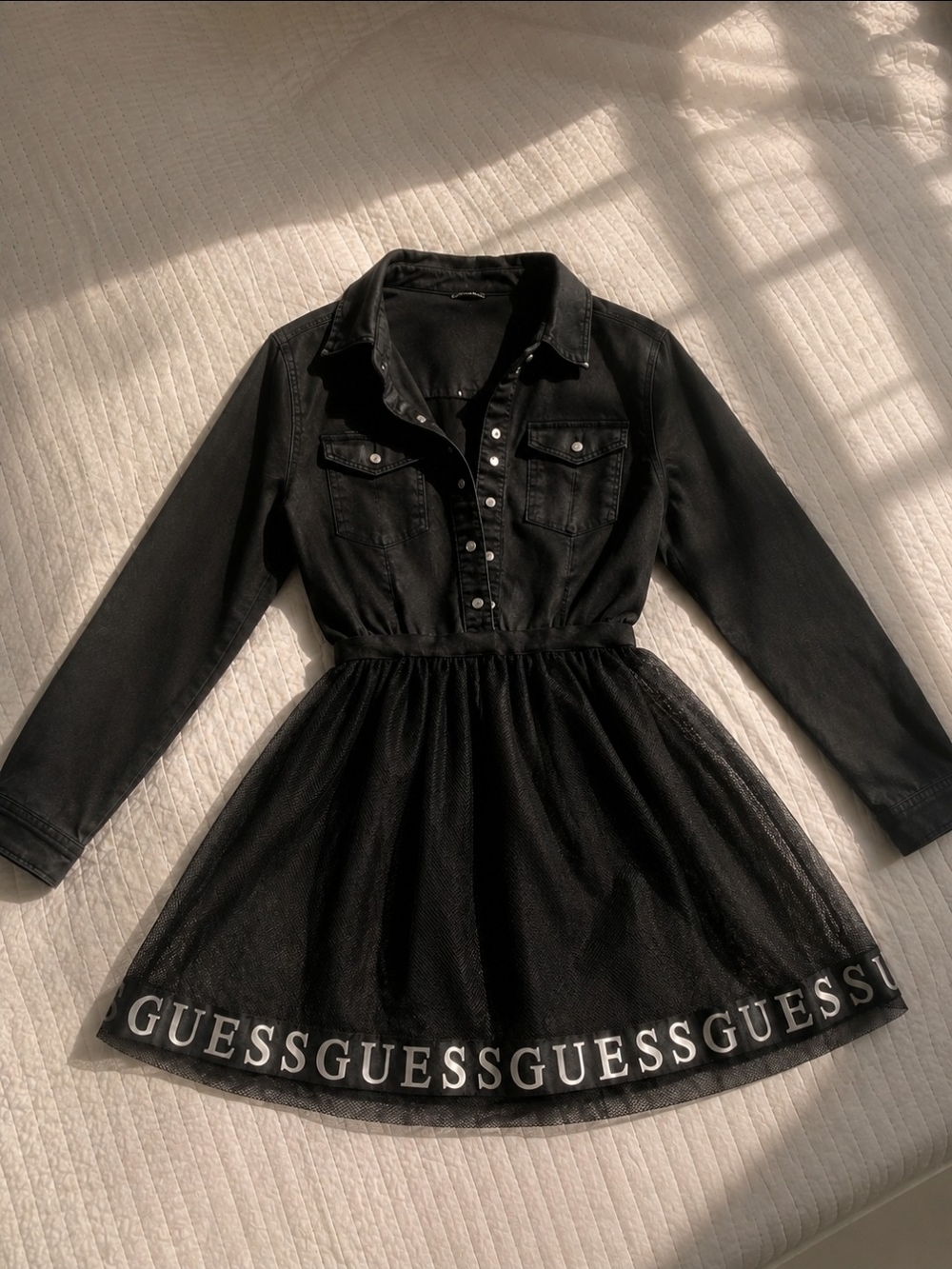 GUESS Black Long-Sleeve Logo Tulle Skirt Dress